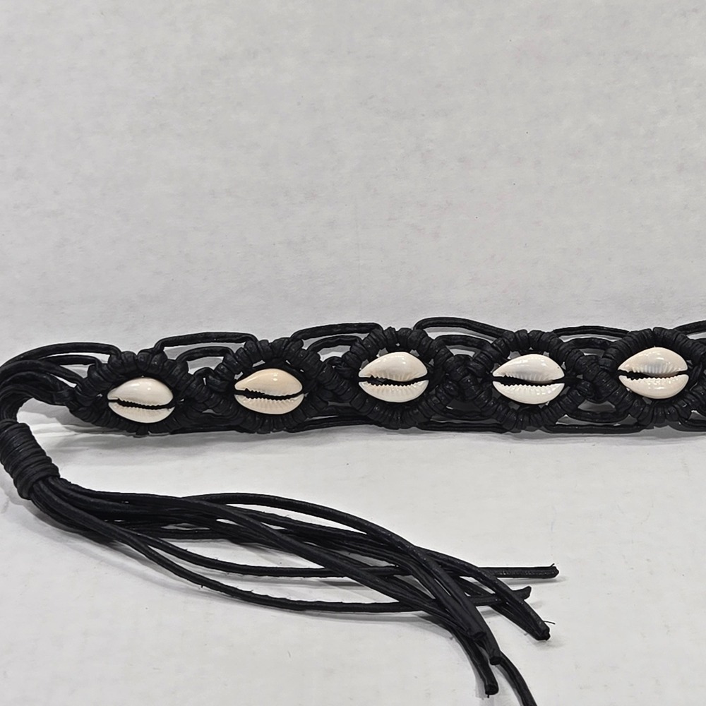 Boho Macrame Cowrie Shell Tie Belt Black Woven Cord Festival Whimsy Accessory